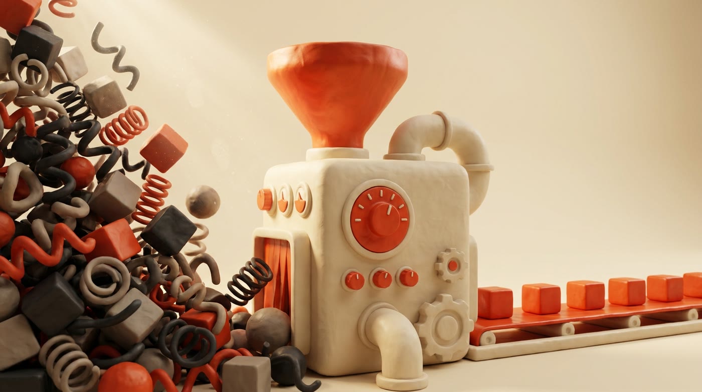 Claymation scene: a chaotic pile of clay shapes feeds into a small machine and exits as a straight row of identical vermillion blocks